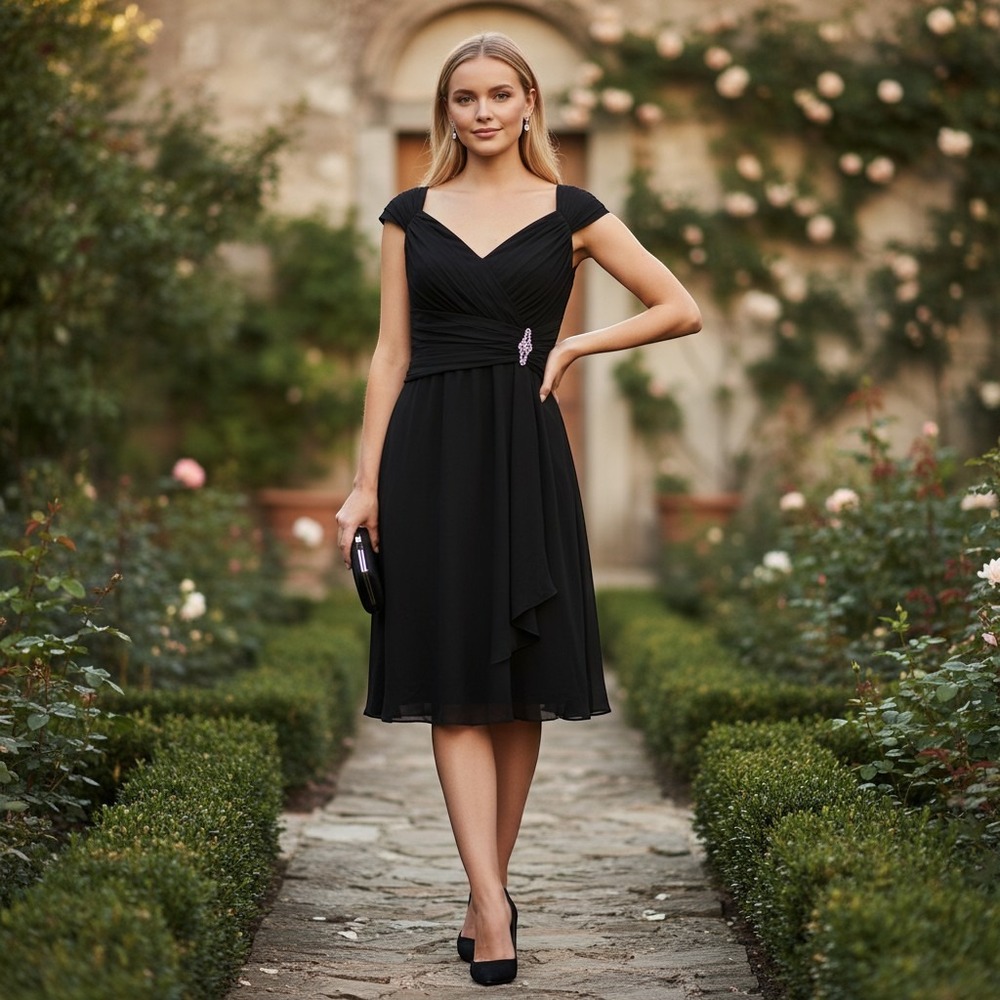 Maggy London Petites 10P Black Silk Cocktail Dress Rhinestone Empire Midi